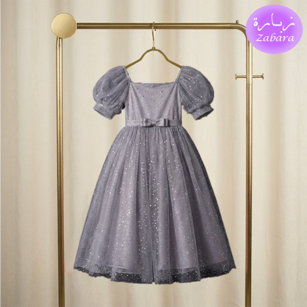 فستان بناتي رمادي لامع بتول منفوش وأكمام منتفخة