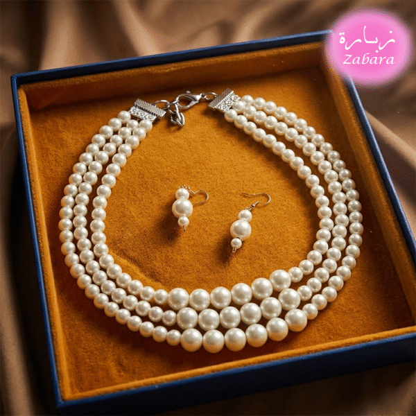 طقم لؤلؤ أبيض فاخر متعدد الطبقات مع أقراط