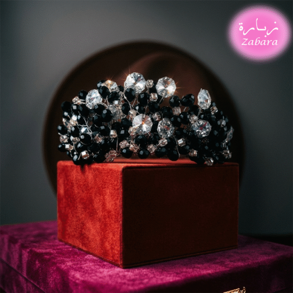 تاج نسائي فاخر بالكريستال الأسود والشفاف