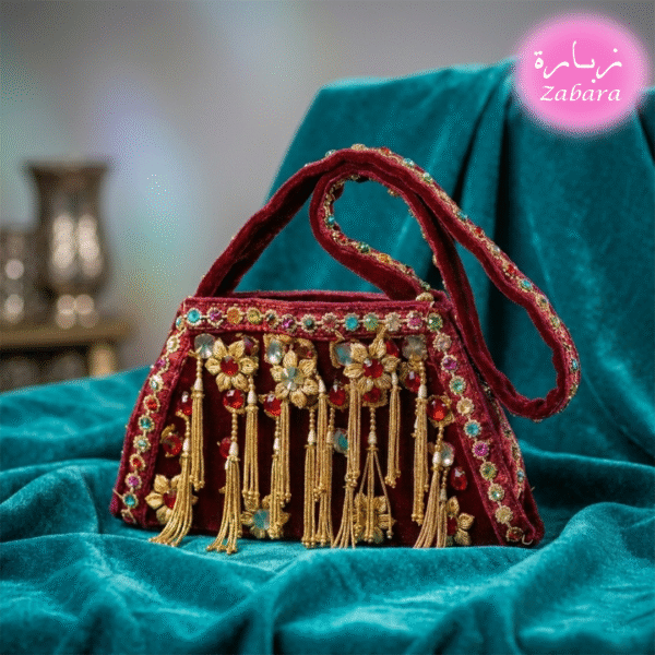 حقيبة نسائية تراثية مخملية باللون العنابي مع تطريز وشراريب ذهبية