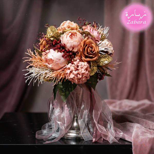 بوكيه ورد فاخر باللون الوردي والخوخي مع لمسات ذهبية