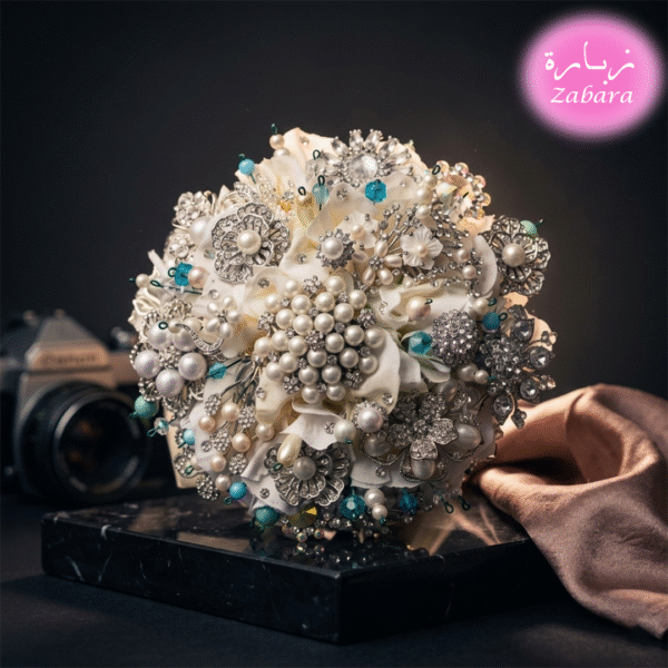 بوكيه عروس فاخر بالكريستال واللؤلؤ الأبيض