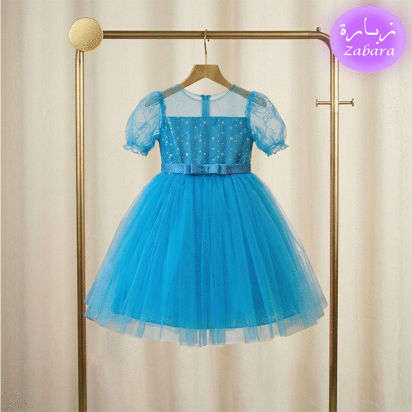 فستان بناتي أزرق منفوش بتول لامع وأكمام شفافة