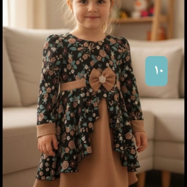 فستان بناتي أسود مزهر بطبقات مع فيونكة بيج