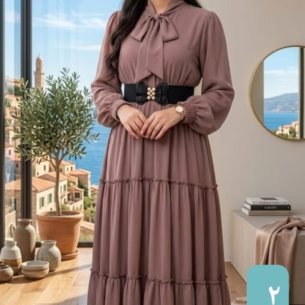 فستان نسائي طويل موف بربطة عنق وحزام خصر أنيق