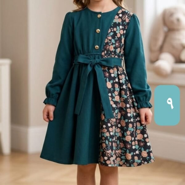 فستان بناتي تركواز مزهر بتصميم نصفين وربطة خصر