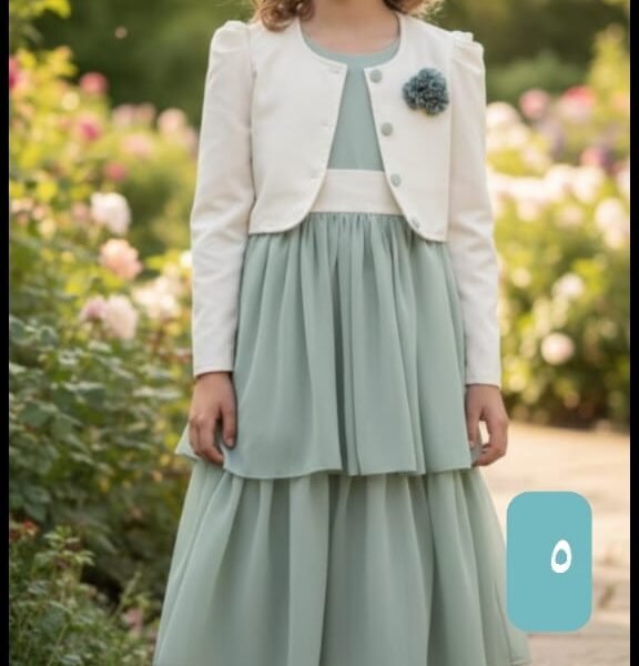 فستان بناتي أخضر نعناعي مع جاكيت أبيض أنيق