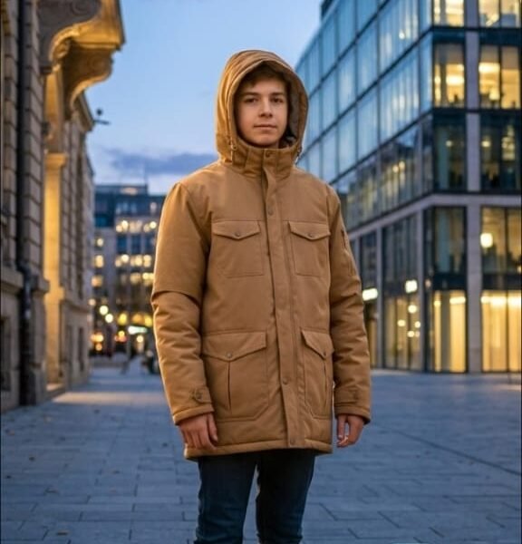 جاكيت أولادي شتوي كاكي بقبعة وتصميم عملي