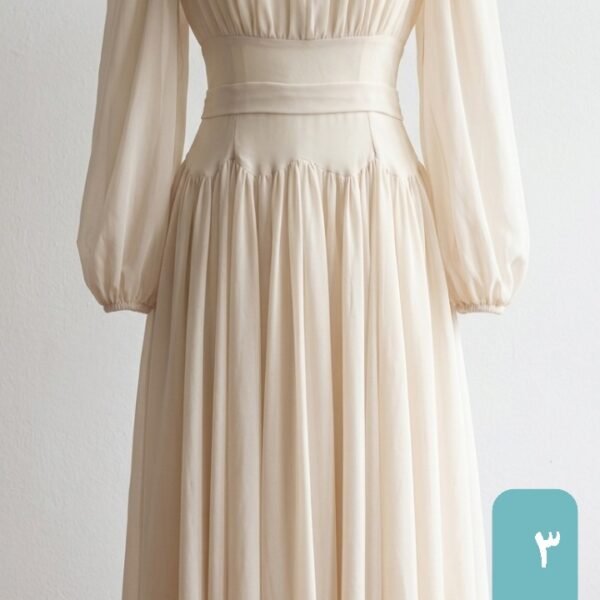 فستان نسائي ميدي أوف وايت بأكمام طويلة وتصميم انسيابي