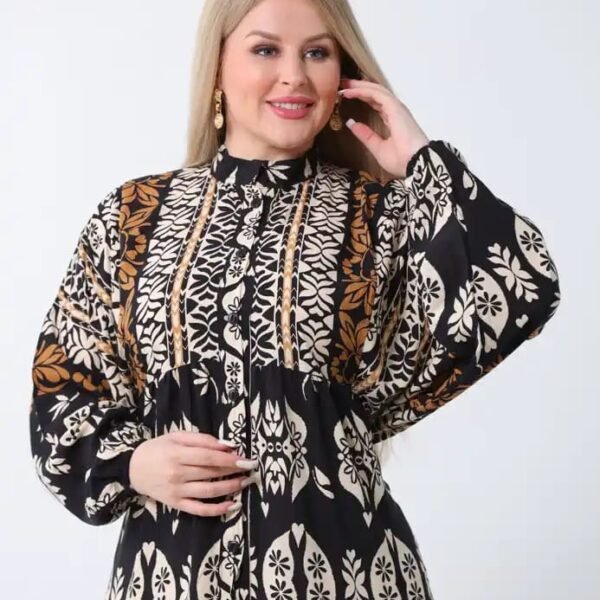 تونيك نسائي أسود بنقشات نباتية بيج وبنية