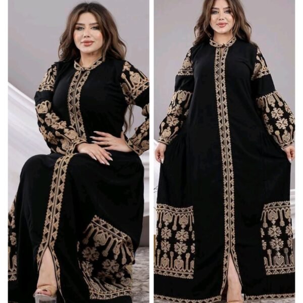 جلابية نسائية سوداء بتطريز بيج فاخر وتصميم محتشم