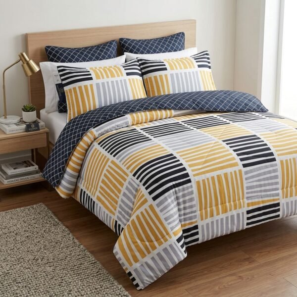 طقم لحاف "كانون" مودرن – مزيج هندسي فاخر بين الأصفر الحيوي والرمادي الأنيق