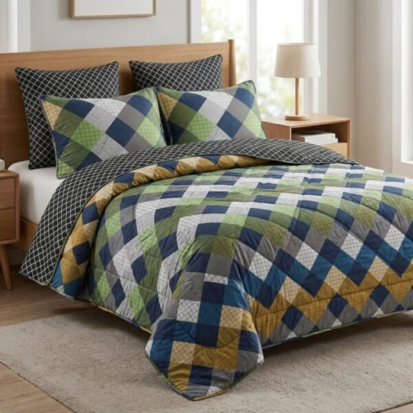 طقم لحاف "مودرن جرافيك" – حيوية الألوان الهندسية بتصميم المربعات المتداخلة