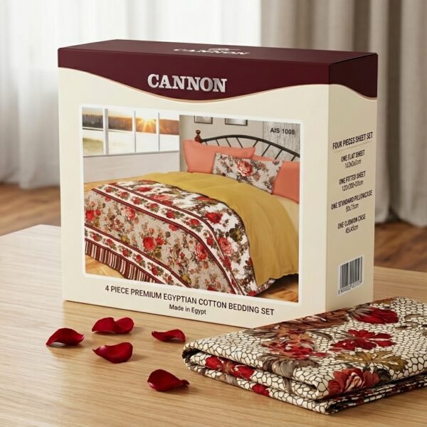 طقم مفروشات "كانون" من القطن المصري الممتاز - 4 قطع بنقوش الزهور الكلاسيكية