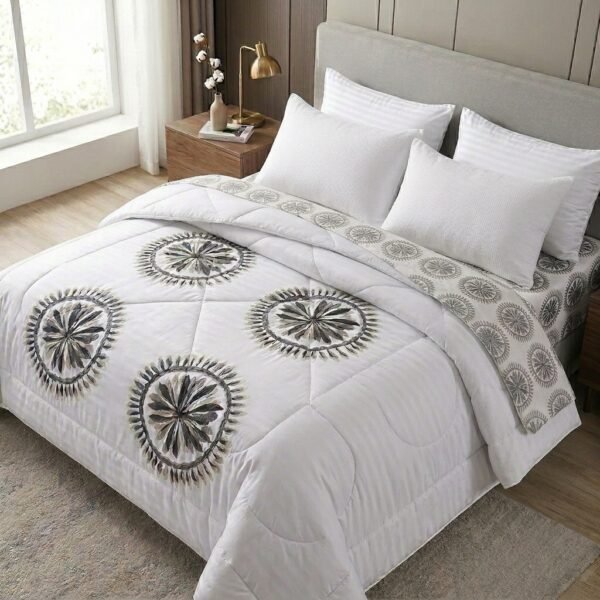 طقم لحاف "فيلدكريست كانون" الفاخر – أناقة الأبيض بنقوش ماندالا هندسية راقية