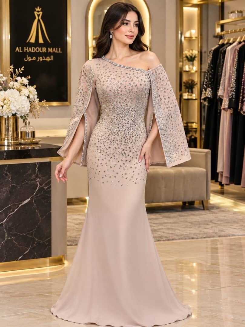 فستان سهرة كتف واحد مرصع بالكريستال**