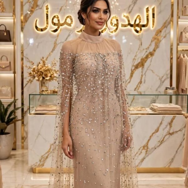 **فستان سهرة راقي بكاب شفاف مرصع بالكريستال