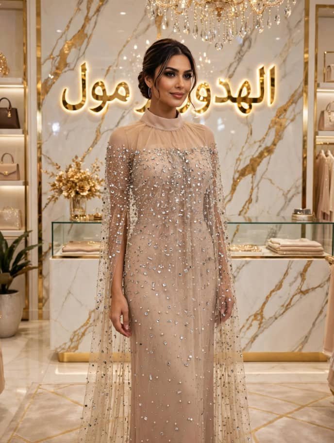 **فستان سهرة راقي بكاب شفاف مرصع بالكريستال