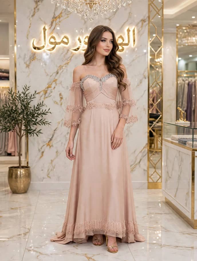 **فستان سهرة أوف شولدر بلون وردي حالم