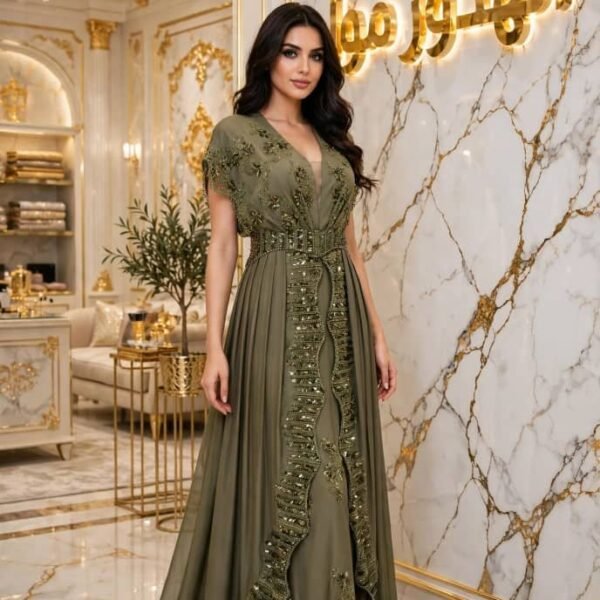 *فستان سهرة زيتوني بتطريز يدوي راقي*